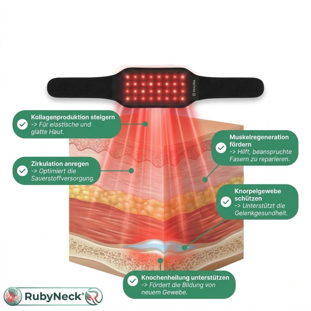 RubyNeck - Rotlicht- & Nahinfrarot Therapie Gürtel (660nm & 850nm) gegen Nacken- & Rückenschmerzen | Tiefenwärme & freihändige Anwendung